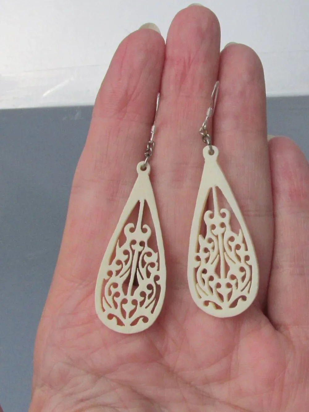 Vintage Carved Celluloid Sterling Silver Long Dangle Teardrop Earrings